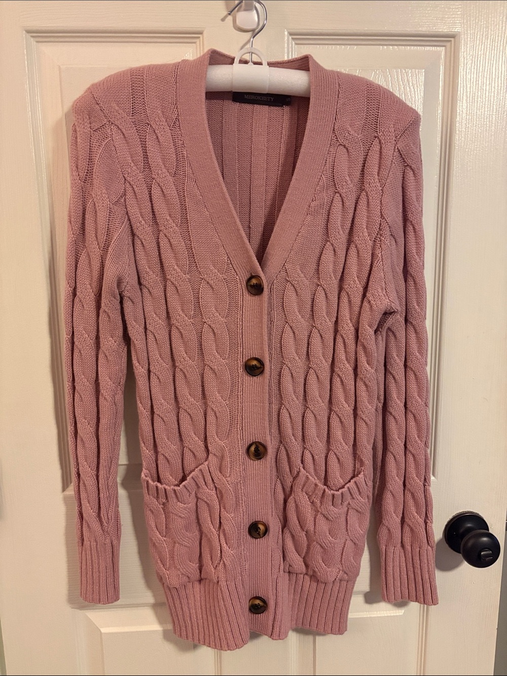 Cable-Knit Button Front Cardigan in Dusty Rose